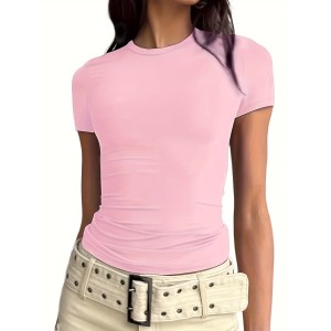 Solid Color Casual T-Shirt, Round Neck Short Sleeves Stretchy Sports Tee, Women’s Comfy Tops – PRYCUS MITCHELL INC