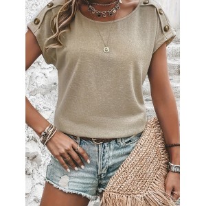 Solid Color Crew Neck T-shirt, Casual Fake Button Batwing Sleeve T-Shirt For Spring & Summer, Women’s Clothing – PRYCUS MITCHELL INC