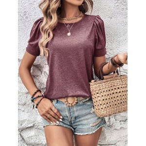 Crew Neck Solid T-Shirt, Elegant Ruched Short Sleeve Top For Spring & Summer, Women’s Clothing – PRYCUS MITCHELL INC