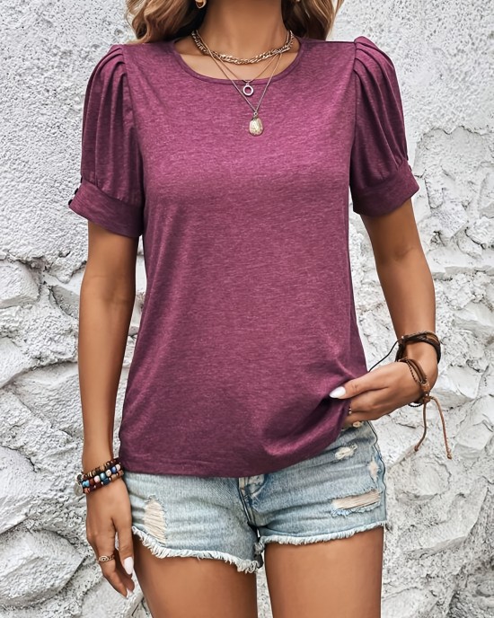 Crew Neck Solid T-Shirt, Elegant Ruched Short Sleeve Top For Spring & Summer, Women’s Clothing – PRYCUS MITCHELL INC Crew Neck Solid T-Shirt, Elegant Ruched Short Sleeve Top For Spring & Summer, Women’s Clothing – PRYCUS MITCHELL INC