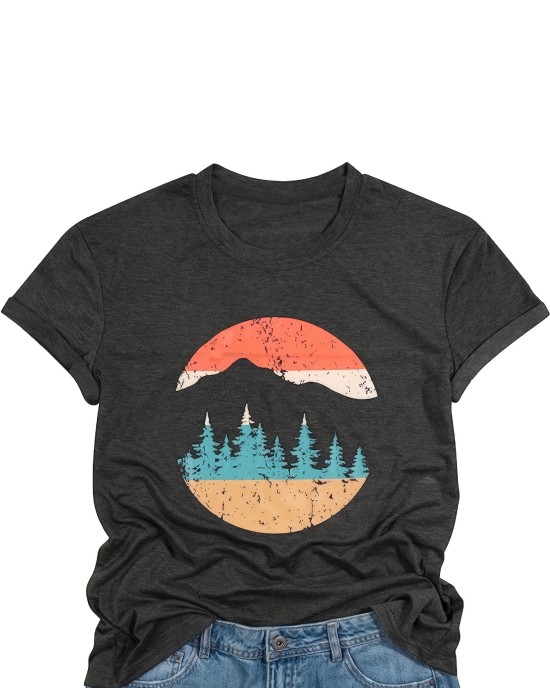 Casual Forest & Sun Print T-shirt – All-Season, Comfy Crew Neck, Versatile Geo-Pattern, Easy-Care Fabric – PRYCUS MITCHELL INC Casual Forest & Sun Print T-shirt – All-Season, Comfy Crew Neck, Versatile Geo-Pattern, Easy-Care Fabric – PRYCUS MITCHELL INC