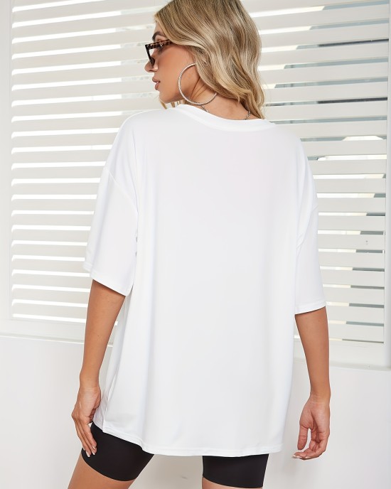 Oversized Smiling Face Print Crew Neck T-Shirt, Casual Drop Shoulder Top For Spring & Summer, Women’s Clothing – PRYCUS MITCHELL INC Oversized Smiling Face Print Crew Neck T-Shirt, Casual Drop Shoulder Top For Spring & Summer, Women’s Clothing – PRYCUS MITCHELL INC