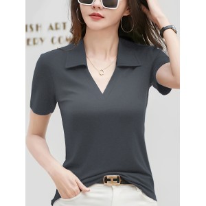 Solid Color Notched Collared T-shirt, Casual Short Sleeve Top For Spring & Summer, Women’s Clothing – PRYCUS MITCHELL INC