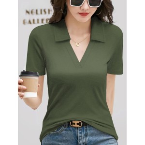 Solid Color Notched Collared T-shirt, Casual Short Sleeve Top For Spring & Summer, Women’s Clothing – PRYCUS MITCHELL INC