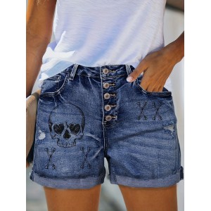 Plus Size Gothic Punk Denim Shorts – Skull Print High Stretch Fabric, Trendy Single-breasted Design with Ripped Roll Up Hem – Casual Wear for Edgy Fashion – PRYCUS MITCHELL INC