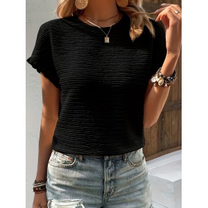 Solid Color Crew Neck T-shirt, Casual Ruffle Trim Short Sleeve T-Shirt For Spring & Summer, Women’s Clothing – PRYCUS MITCHELL INC