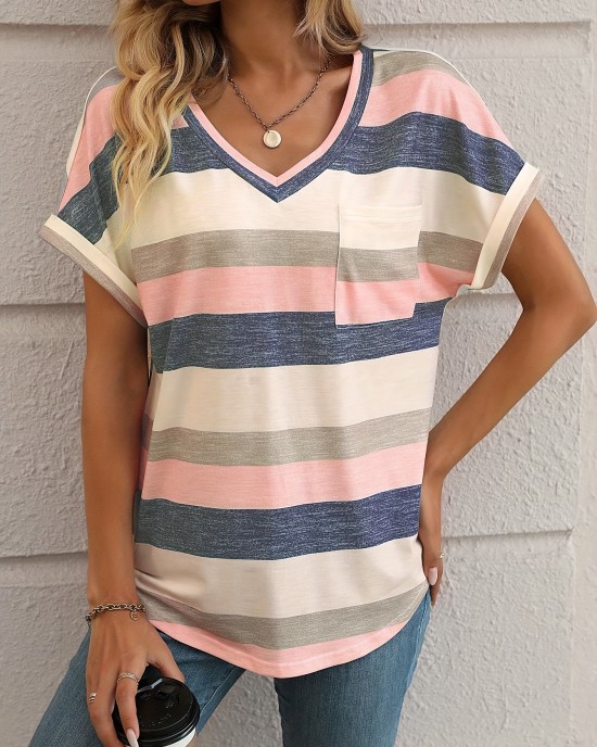 Striped Print V Neck Pocket T-Shirt, Casual Short Sleeve T-Shirt For Spring & Summer, Women’s Clothing – PRYCUS MITCHELL INC Striped Print V Neck Pocket T-Shirt, Casual Short Sleeve T-Shirt For Spring & Summer, Women’s Clothing – PRYCUS MITCHELL INC