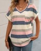 Striped Print V Neck Pocket T-Shirt, Casual Short Sleeve T-Shirt For Spring & Summer, Women’s Clothing – PRYCUS MITCHELL INC Striped Print V Neck Pocket T-Shirt, Casual Short Sleeve T-Shirt For Spring & Summer, Women’s Clothing – PRYCUS MITCHELL INC