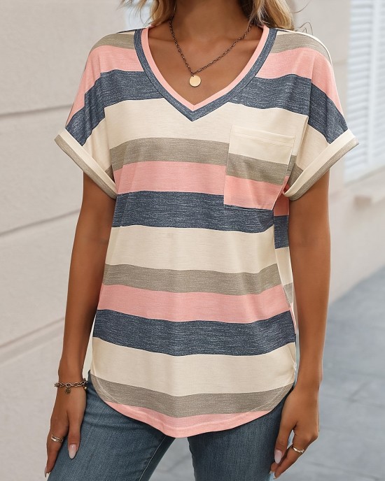 Striped Print V Neck Pocket T-Shirt, Casual Short Sleeve T-Shirt For Spring & Summer, Women’s Clothing – PRYCUS MITCHELL INC Striped Print V Neck Pocket T-Shirt, Casual Short Sleeve T-Shirt For Spring & Summer, Women’s Clothing – PRYCUS MITCHELL INC