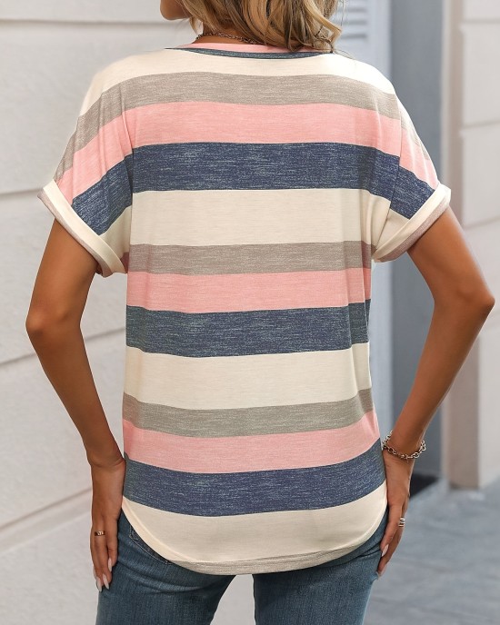 Striped Print V Neck Pocket T-Shirt, Casual Short Sleeve T-Shirt For Spring & Summer, Women’s Clothing – PRYCUS MITCHELL INC Striped Print V Neck Pocket T-Shirt, Casual Short Sleeve T-Shirt For Spring & Summer, Women’s Clothing – PRYCUS MITCHELL INC