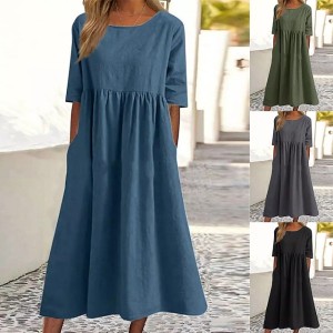 Casual Dress Cotton Dress Swing Dress Midi Dress Cotton Basic Casual Outdoor Daily Crew Neck Pocket Smocked Half Sleeve Summer Spring Fall 2023 Loose Fit Light Blue Black White Pure Color S M – PRYCUS MITCHELL INC