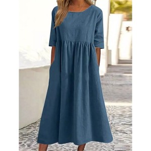 Casual Dress Cotton Dress Swing Dress Midi Dress Cotton Basic Casual Outdoor Daily Crew Neck Pocket Smocked Half Sleeve Summer Spring Fall 2023 Loose Fit Light Blue Black White Pure Color S M – PRYCUS MITCHELL INC