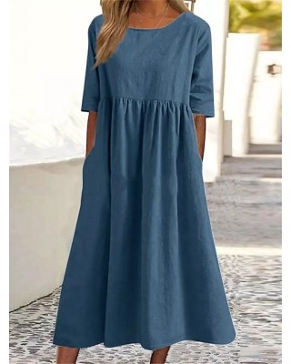 Casual Dress Cotton Dress Swing Dress Midi Dress Cotton Basic Casual Outdoor Daily Crew Neck Pocket Smocked Half Sleeve Summer Spring Fall 2023 Loose Fit Light Blue Black White Pure Color S M – PRYCUS MITCHELL INC
