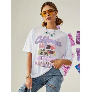 California Florida Coconut Tree Graphic Round Neck Sports Tee, Short Sleeves Casuals T-shirt, Women’s Activewear – PRYCUS MITCHELL INC
