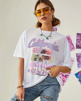 California Florida Coconut Tree Graphic Round Neck Sports Tee, Short Sleeves Casuals T-shirt, Women’s Activewear – PRYCUS MITCHELL INC