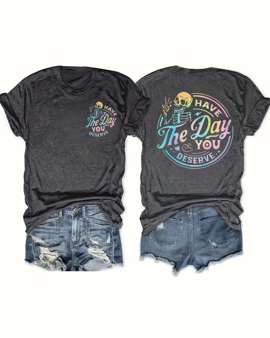 Skull Print Crew Neck T-Shirt, Casual Short Sleeve Top For Spring & Summer, Women’s Clothing – PRYCUS MITCHELL INC Skull Print Crew Neck T-Shirt, Casual Short Sleeve Top For Spring & Summer, Women’s Clothing – PRYCUS MITCHELL INC