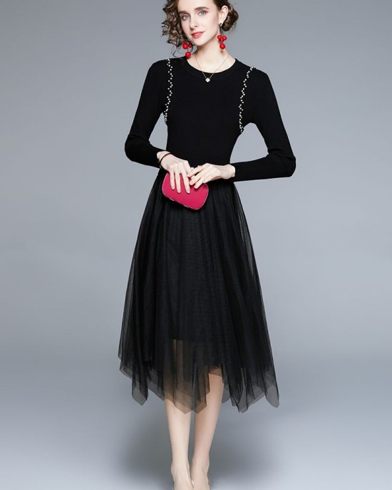 Gauze splice sweater fashion autumn dress for women – PRYCUS MITCHELL INC Gauze splice sweater fashion autumn dress for women – PRYCUS MITCHELL INC