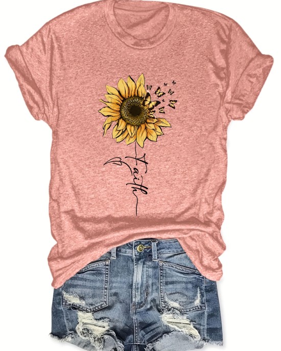 Sunflower & Butterfly Print T-shirt, Casual Short Sleeve Top For Spring & Summer, Women’s Clothing – PRYCUS MITCHELL INC Sunflower & Butterfly Print T-shirt, Casual Short Sleeve Top For Spring & Summer, Women’s Clothing – PRYCUS MITCHELL INC