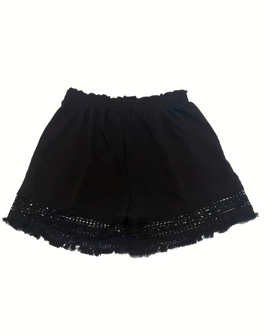 Lace Trim Slant Pocket Shorts, Casual Paper Bag Waist Shorts For Summer, Women’s Clothing – PRYCUS MITCHELL INC Lace Trim Slant Pocket Shorts, Casual Paper Bag Waist Shorts For Summer, Women’s Clothing – PRYCUS MITCHELL INC