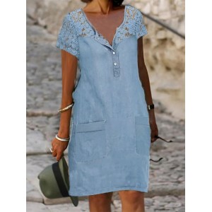 Denim Dress Casual Dress Midi Dress Denim Sexy Casual Daily Vacation Crew Neck Lace Pocket Short Sleeve Summer Spring 2023 Loose Fit Light Blue Floral Pure Color S M L XL XXL – PRYCUS MITCHELL INC