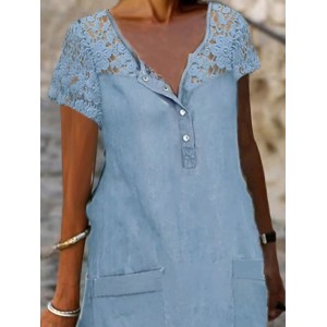 Denim Dress Casual Dress Midi Dress Denim Sexy Casual Daily Vacation Crew Neck Lace Pocket Short Sleeve Summer Spring 2023 Loose Fit Light Blue Floral Pure Color S M L XL XXL – PRYCUS MITCHELL INC