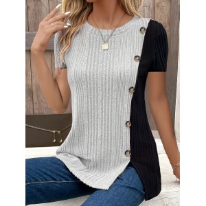 Button Decor Color Block T-Shirt, Casual Crew Neck Short Sleeve Top For Spring & Summer, Women’s Clothing – PRYCUS MITCHELL INC