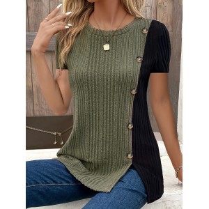 Button Decor Color Block T-Shirt, Casual Crew Neck Short Sleeve Top For Spring & Summer, Women’s Clothing – PRYCUS MITCHELL INC