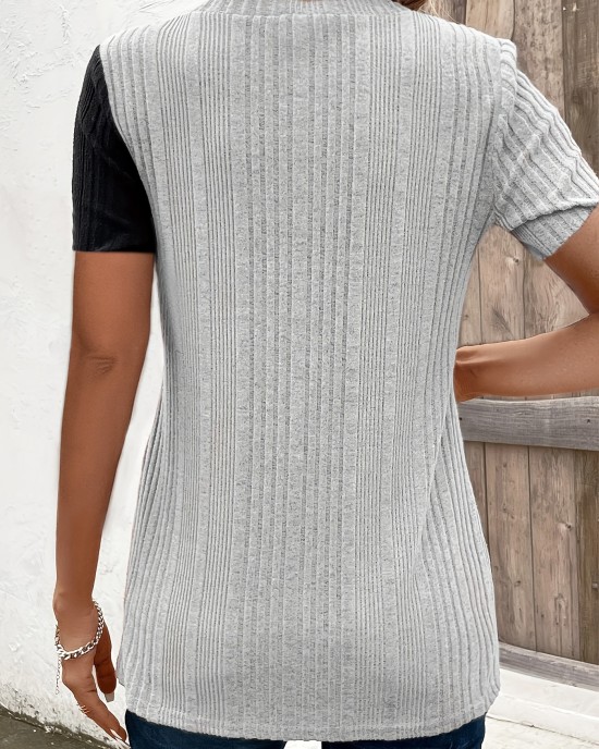Button Decor Color Block T-Shirt, Casual Crew Neck Short Sleeve Top For Spring & Summer, Women’s Clothing – PRYCUS MITCHELL INC Button Decor Color Block T-Shirt, Casual Crew Neck Short Sleeve Top For Spring & Summer, Women’s Clothing – PRYCUS MITCHELL INC
