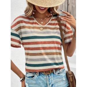 Women’s Chic Vintage Striped V-Neck Tee – Stretchy, Durable & Perfect for Everyday Springu002FSummer Comfort – PRYCUS MITCHELL INC