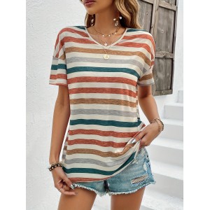 Women’s Chic Vintage Striped V-Neck Tee – Stretchy, Durable & Perfect for Everyday Springu002FSummer Comfort – PRYCUS MITCHELL INC