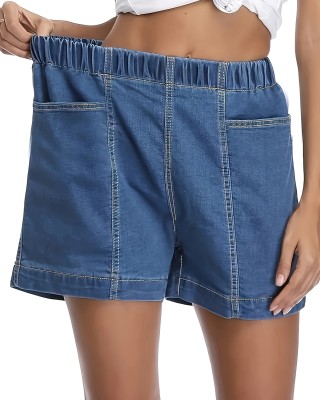 Plain Washed Blue Elastic Waist Denim Shorts, Sporty Style Comfy Versatile Women’s Denim Shorts With Pockets – PRYCUS MITCHELL INC