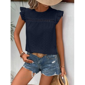 Hollow Ruffle Sleeve T-shirt, Casual Solid Color T-shirt For Spring & Summer, Women’s Clothing – PRYCUS MITCHELL INC