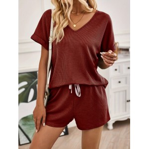 Solid Color Summer & Spring Casual Two-piece Set, V Neck Short Sleeve Top & Drawstring Shorts Outfits, Women’s Clothing – PRYCUS MITCHELL INC