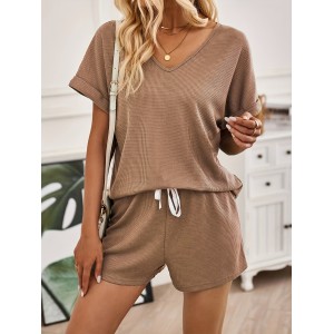 Solid Color Summer & Spring Casual Two-piece Set, V Neck Short Sleeve Top & Drawstring Shorts Outfits, Women’s Clothing – PRYCUS MITCHELL INC