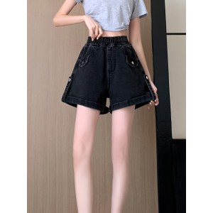 Women’s Casual Denim Shorts, Elastic Waist, Black Color Plain Jean Shorts With Pocket Detail, Summer Fashion – PRYCUS MITCHELL INC
