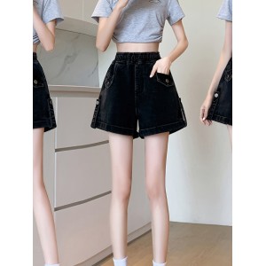 Women’s Casual Denim Shorts, Elastic Waist, Black Color Plain Jean Shorts With Pocket Detail, Summer Fashion – PRYCUS MITCHELL INC